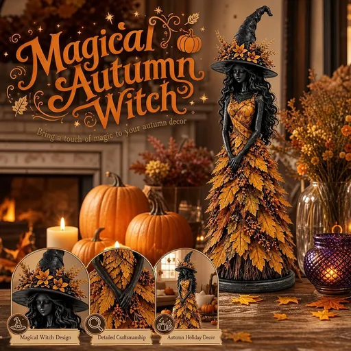 Magical Autumn Witch Resin Statue | Maple Leaf Skirt & Mysterious Pointed Hat, Exquisite Desktop Ornament, Perfect for Halloween & Thanksgiving Ambiance./YELLOW