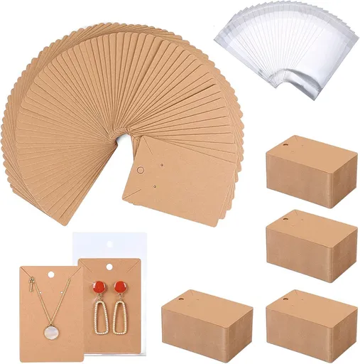 50Pcs Earring Cards with Earring Backs and Self-Sealing Bags Kit,9 x 6 cm Brown Earring Display Cards Earring Holder Cards