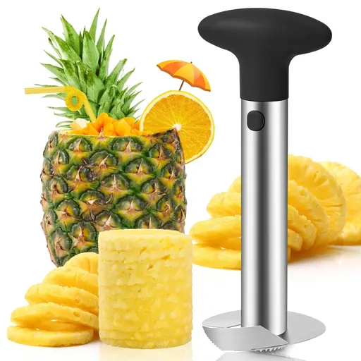 Premium Pineapple Corer and Slicer Tool - Sharp Pineapple Cutter with Serrated Tips - Easy to Use and Clean - Stainless (Black)