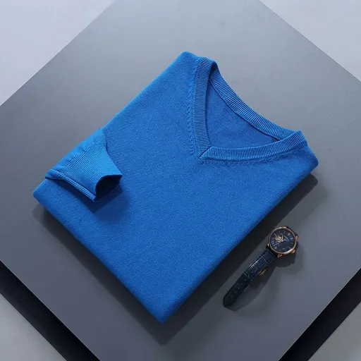 Men V Neck Pullover Knitwear Loose Long Sleeve SEA BLUE XXXL
