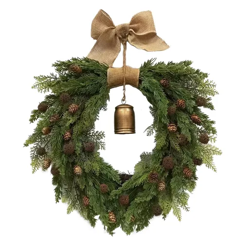 Front Door Artificial Wreath 19.7inch Realistic Pine Wreath with Bells for Indoor Outdoor Window Home Decor