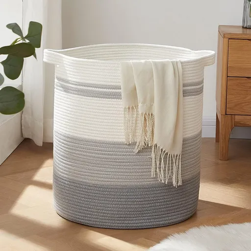 Laundry basket with handles, decorative basket for living room, woven storage basket for toys, cushions, blankets, clothes (gradient grey, 45 x 50 cm)