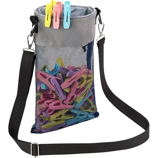 Hanging Clothespin Storage Bag with Drawstring Closure, Quick-Dry Mesh Organizer for Laundry Room, Adjustable Strap for Line Drying, Portable Clip Holder for Home, Dorm, and Travel Use (Grey)