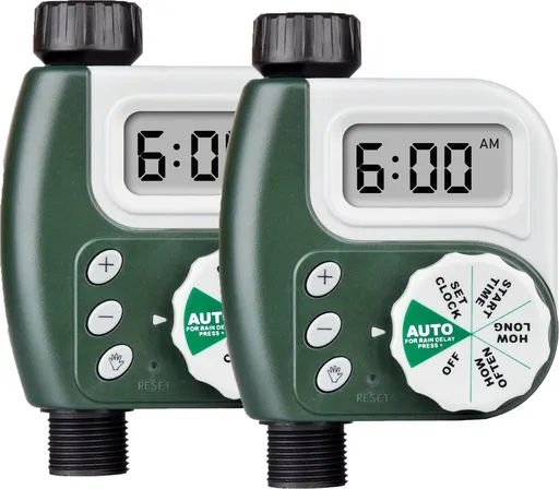 2 Pack Programmable Digital Garden Hose Water Timer with LCD Screen, 1 Outlet, Battery Powered, Built in Rain Delay, Water Resistant