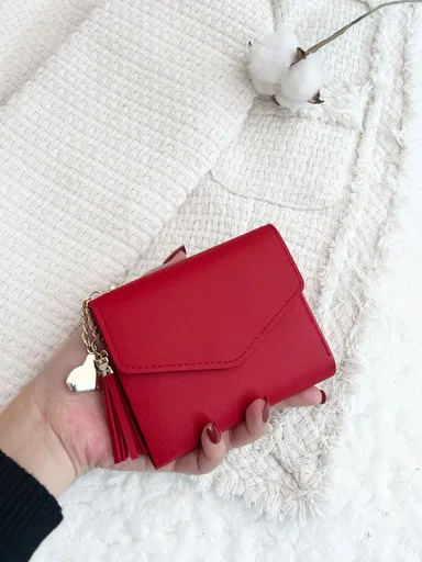 Tassel Decor Fold Over Credit Card Small ID Window Slim Women Wallet Mini Lightweight Slim Cash Hasp Card Holder Minimalist Fashion Valentine Day Birthday Gift Female Girls