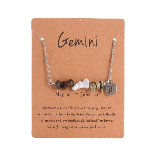 Gemini Zodiac Natural Chip Stone Necklace,Stainless Steel Irregular Pendant,Constellation Fashion Jewellery for Christmas Halloween Accessory & Daily Gift