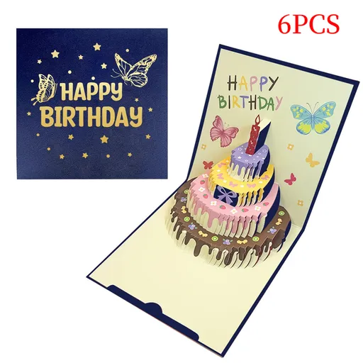 6-Pack Up Butterfly Birthday Cake Greeting Cards, Handmade Paper Gift Cards—Blue