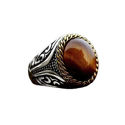 Punk Vintage Oval Brown Tiger Eye Ring, Stainless Steel, Men Fashion Gothic Biker Jewelry，Cocktail Party Biker Animal Rings