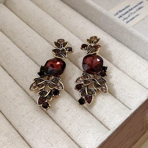 Gold Silver Needle Earrings with Red Stone | Christmas Passion Retro Gift | Red Rhinestone Heart Earrings Vintage Bold Jewelry