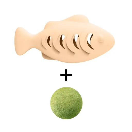 2-piece Cream-colored Fish-Shaped Silicone Cat Toy and Catnip– 3-in-1 Interactive & Self-Entertaining Toy with Catnip/Cat food, Dental Care & Hairball Relief – BPA-Free, Food-Grade Safety