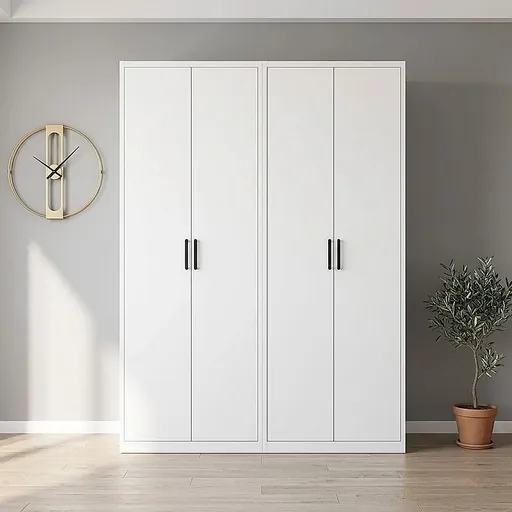 160x200cm 4-Door White Steel Hanging and Shelf Wardrobe with Black Handle Storage Cabinet