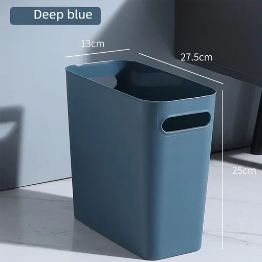 Slim Rectangular Bathroom Waste Bin, Narrow Profile Rubbish Bin with Carry Handles, Space Saving Bin for Toilet, Vanity, Laundry Room-Blue