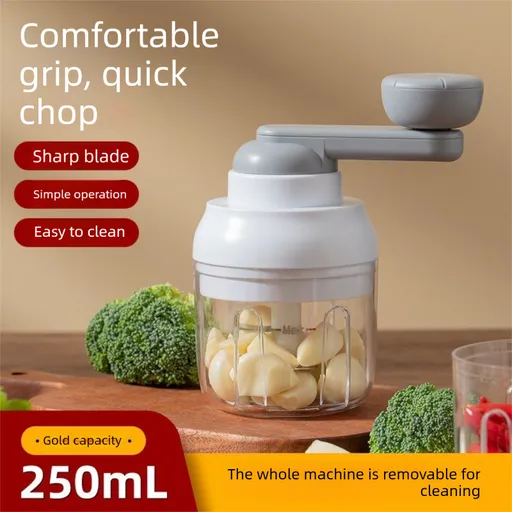Manual Mini Garlic Chopper & Food Processor 250ml Portable Hand-Crank Mincer for Garlic, Meat, and Baby Food – Ivory White