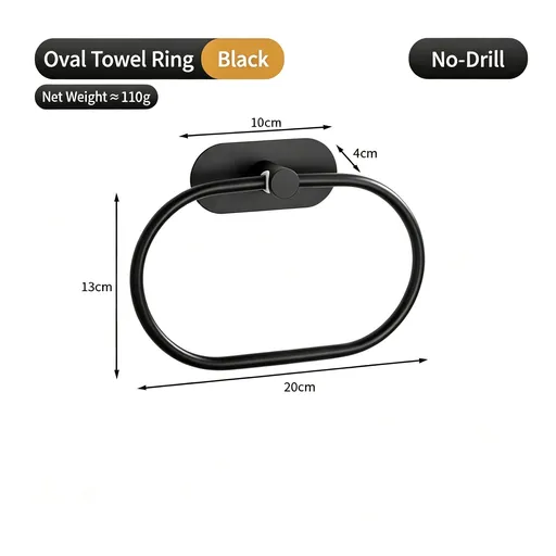 Oval Towel Ring - No Drill (Black) | Stainless Steel Minimalist Towel Holder, Ideal Christmas Bathroom Gift for Rental & Small Bath