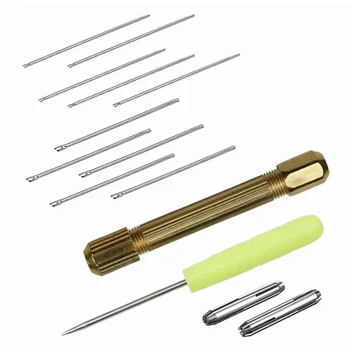 DIY Doll Hair Rerooting Tool Kit: 10 Needles (5x0.6mm, 5x0.8mm), Random Color Plastic Awl, Alloy Needle Holder