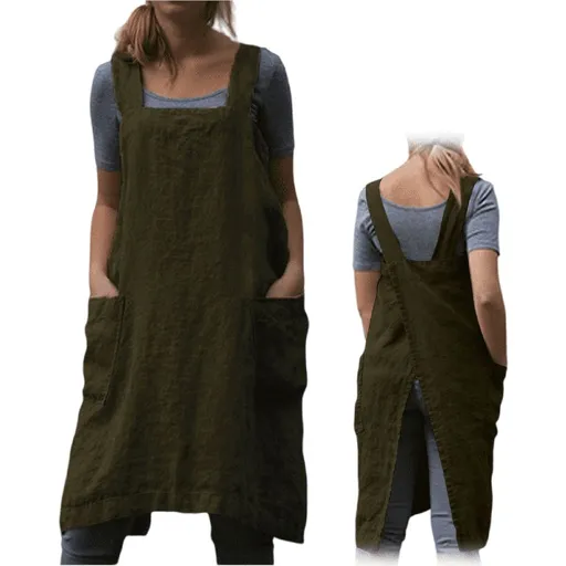 Womens Casual Cross Back Apron Dress Style Cotton Linen Smock With Big Pockets For Indoor Outdoor Use