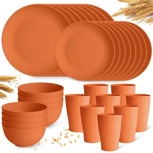 Camping Plates Cups and Bowls Set Green Reusable Microwave Safe Lightweight Unbreakable Plastic Dishes Set for Elderly Kitchen Adults Outdoor,32 Pcs Holiday Dinnerware Sets for 8 - Orange - Size 32Pcs