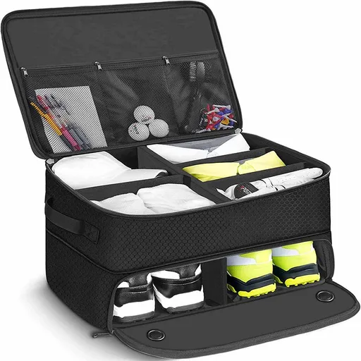 2 Layer Black Golf Trunk Organizer,Waterproof Collapsible Golf Travel Bag Golf Organizer for Storage Bag for Shoe