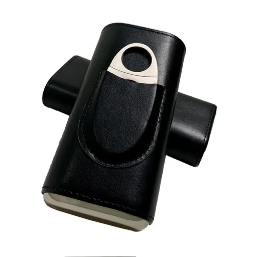3-Finger Leather Cigar Case with Cutter Cedar Wood Lined Cigar Humidor Portable Travel Cigar Case(Black)