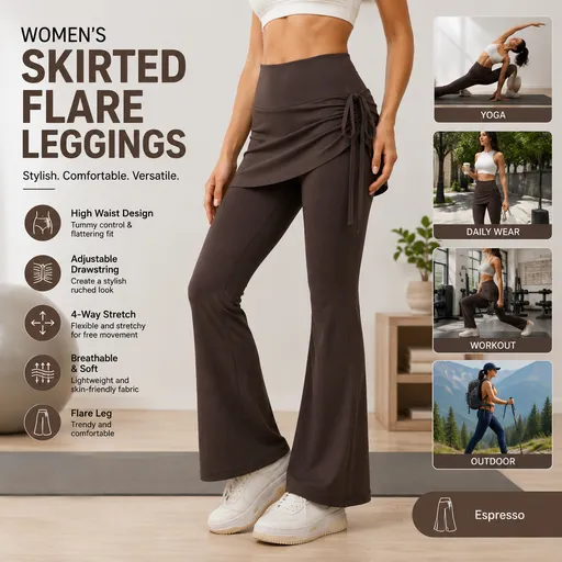 Women's High Waist Skirted Flare Yoga Pants with Adjustable Ruched Drawstring (L size)- Coffee brown Faux Two Piece Bootcut Leggings for Pilates, Gym Workout, Running, Dance and Everyday Wear