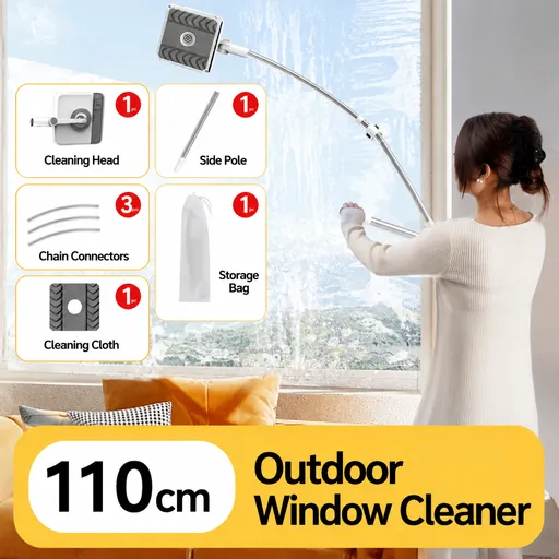 Lightweight Interior & Exterior Window Cleaner with 110cm Extendable Aluminium Pole & Cleaning Pad - 2-in-1 360° Rotating Microfibre Scrubber and Squeegee for Most Household High Rise Windows