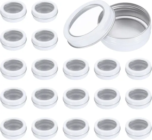 2 Oz Tin Cans, 24 Pcs Aluminum Round Tins, Travel Sized Small Metal Tins Cosmetic Sample Containers with Clear Lid for Lotion Bars Beard Balms Candles, White