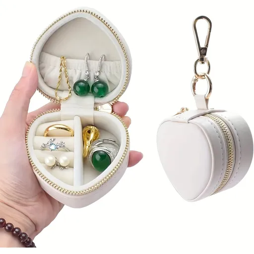 1pc Mini Heart-Shaped Jewelry Box with Keychain, Zipper Closure, Portable Jewelry Organizer, White