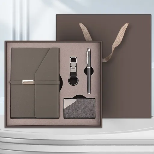 Gray Executive A5 Notebook Gift Set with Metal Pen, Business Card Holder and Keychain for Corporate Gifts, Client Appreciation and Office Professionals