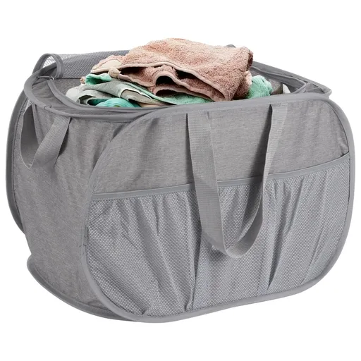 Gray Collapsible Laundry Basket with Lid, 23.6" x 14.6" x 14.6", Large Capacity Hamper, Zippered Mesh Top, Long-Term Handles, Foldable Dirty Clothes Storage for Home