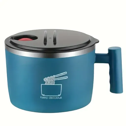 304 Stainless Steel Noodle Bowl: 1000ml Large Capacity, Double-Layer Insulation (No Burns), Leak-Proof Seal with Drainage, Solo Dining, Slow Living./BLUE