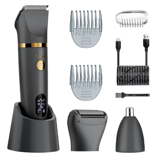 3-in-1 Men's Electric Body Groomer & Hair Clipper Kit - Waterproof, USB-C Rechargeable with Charging Dock(Upgraded gray)