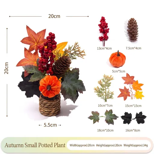 Autumn artificial mini potted plant, woven basket paired with sunflowers, pumpkins, and maple leaves, full and realistic petals, no maintenance required, adding warm autumn vibes to your home./34G model