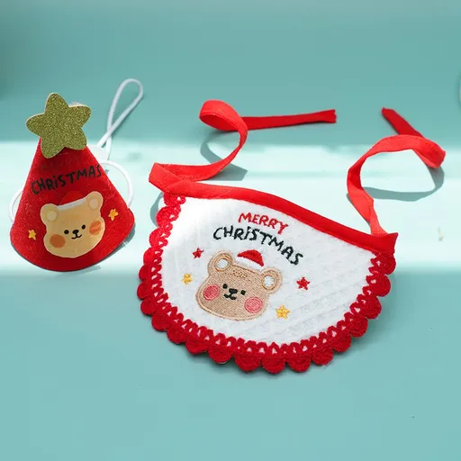 Noon Christmas Pet Hat Scarf Set Cartoon Bear Red Green A07G Red Bear Christmas Set One Size