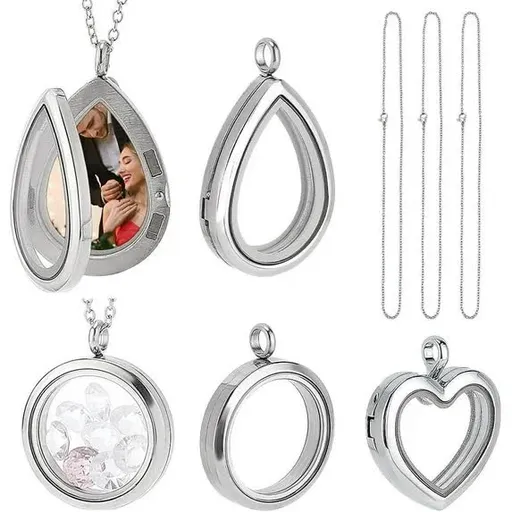 3 Styles Locket Pendant Necklace 304 Stainless Steel Memory Floating Charms Round Memory Necklace Teardrop Heart Pendant Buckle Closure for Women Friendship Necklace Memory Nostalgic