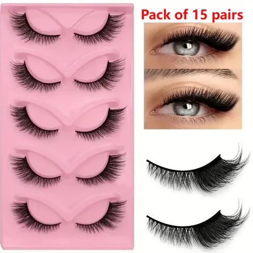 15-pair set of cat-eye false eyelashes with extended mink-style tips; thick and long