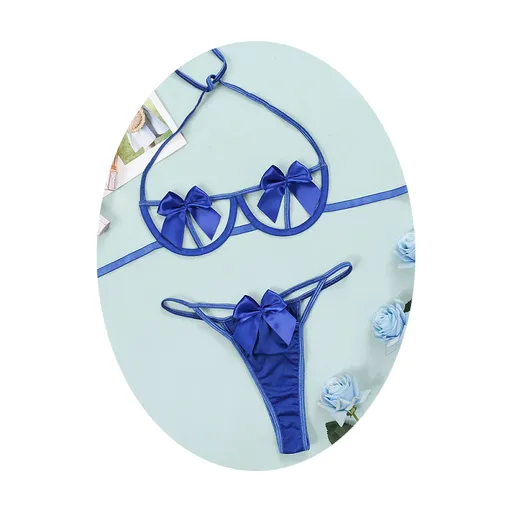 House Of Dasein Gift Bow Halter Bra Panties Lingerie Set For Women Black Red Yellow Pin - Blue - M