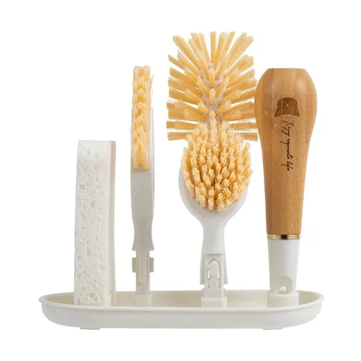 Kitchen Cleaning Brush Set One Rod Three Head Replaceable Brush Heads - Dishwashing Brush with Wooden Handle for Pots Pans Cups Crevice - Scrubber Tool for Home Kitchen Use - 3 Interchangeable Heads