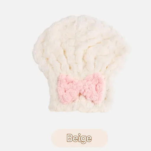 3 Pack Beige Coral Fleece Hair Drying Towel - Cloud Velvet Absorbent Hair Wrap with Bow, Quick Dry Shower Cap for Women and Girls, Soft Thickened Bath Accessory 26x28cm