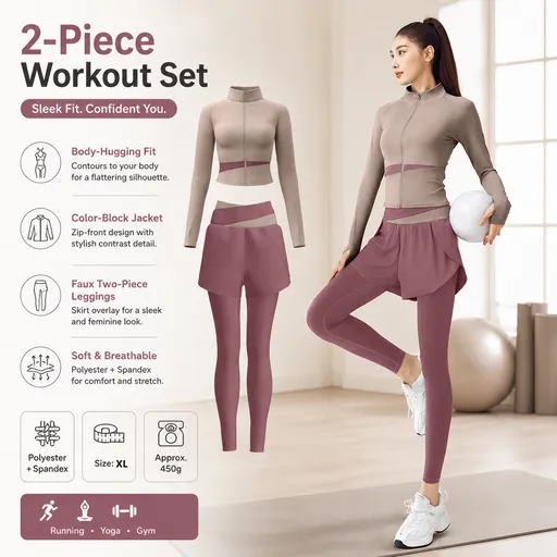 XL size Women's 2-Piece Running Yoga Set - Purple Colorblock Zip Jacket and Purple Faux Two-Layer Leggings, Slim Fit High Stretch Gym Activewear for Fitness and Training
