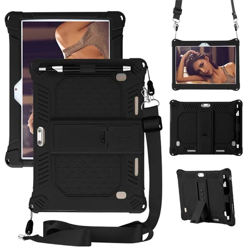 Universal Silicone Tablet Case for 10/10.1 inch Android Tablets, Shockproof Cover with Stylus Holder and Shoulder Strap, Black