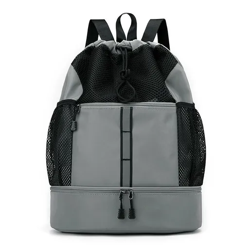 Sports Drawstring Backpack with Shoe Compartment Wet Pocket Reflective Stripe - Gray