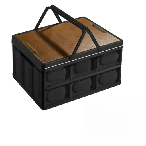 Black Collapsible Medium Handle Storage Box with Wooden Table Top(42x28x23CM) - Car Trunk Organiser for Australian Camping & Home Use