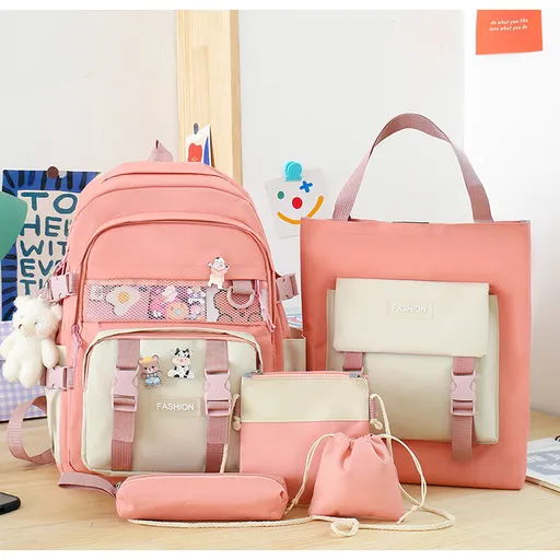 5 Piece Aesthetic School Backpack Set Pink Oxford Fabric Fits 14 Inch Laptop