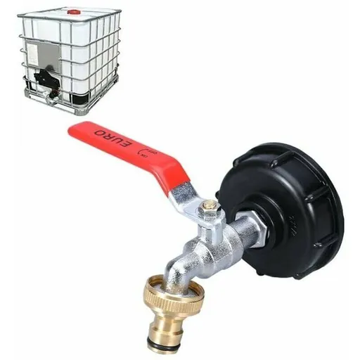 IBC Tank Tap with Double Rainwater Collection Tap Adapter, Made of Brass, Coarse Thread, 3-4 Inch, 1000 L, 60 mm