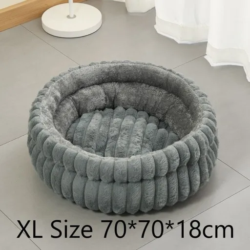Faux Rabbit Fur Round Pet Bed With Removable Liner, Warm Plush All Season Dog Cat Nest, Grey, Size XL, 27.56x27.56x7.09in, Comfortable Rest Place For Medium Large Pets