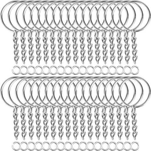 30 set Split Keyrings with Chain Silver Keychain Ring, Key Chains Rings Parts with Open Jump Ring and Connector.