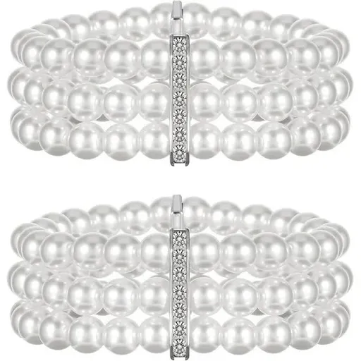 Pearl Cuff Bracelet 2pcs 1920s Imitation Pearl Bracelet Multi-Layered Elastic Bangle 3 Rows Faux Pearls Accent Off White Stretch Wrist Bracelet Vintage Pearl Bracelets For Women Bridal Wedding Jewelry