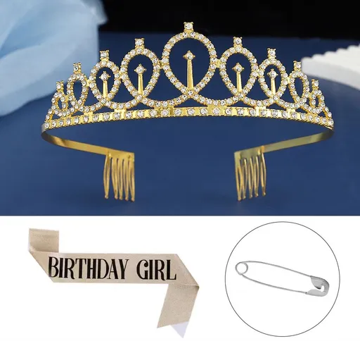 2-piece Golden Birthday Girl Tiara and Sash Set - Elegant Rhinestone Alloy Crown with , Glitter "BIRTHDAY GIRL" Sash & Safety Pin - Perfect Princess Party Accessory for Women and Girls