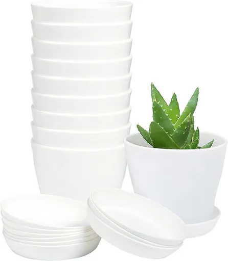 Pots for Plants, 8 Pack 4 inch Plastic Planters with Multiple Drainage Holes and Trays - Plant Pots for All Home Garden Flowers Succulents (White) 4.8inch-White
