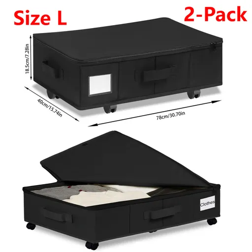 2-Pack -L- Under-Bed Storage Bins with Wheels, Foldable Flat Fabric Storage Containers for Clothes and Miscellaneous Items - Black